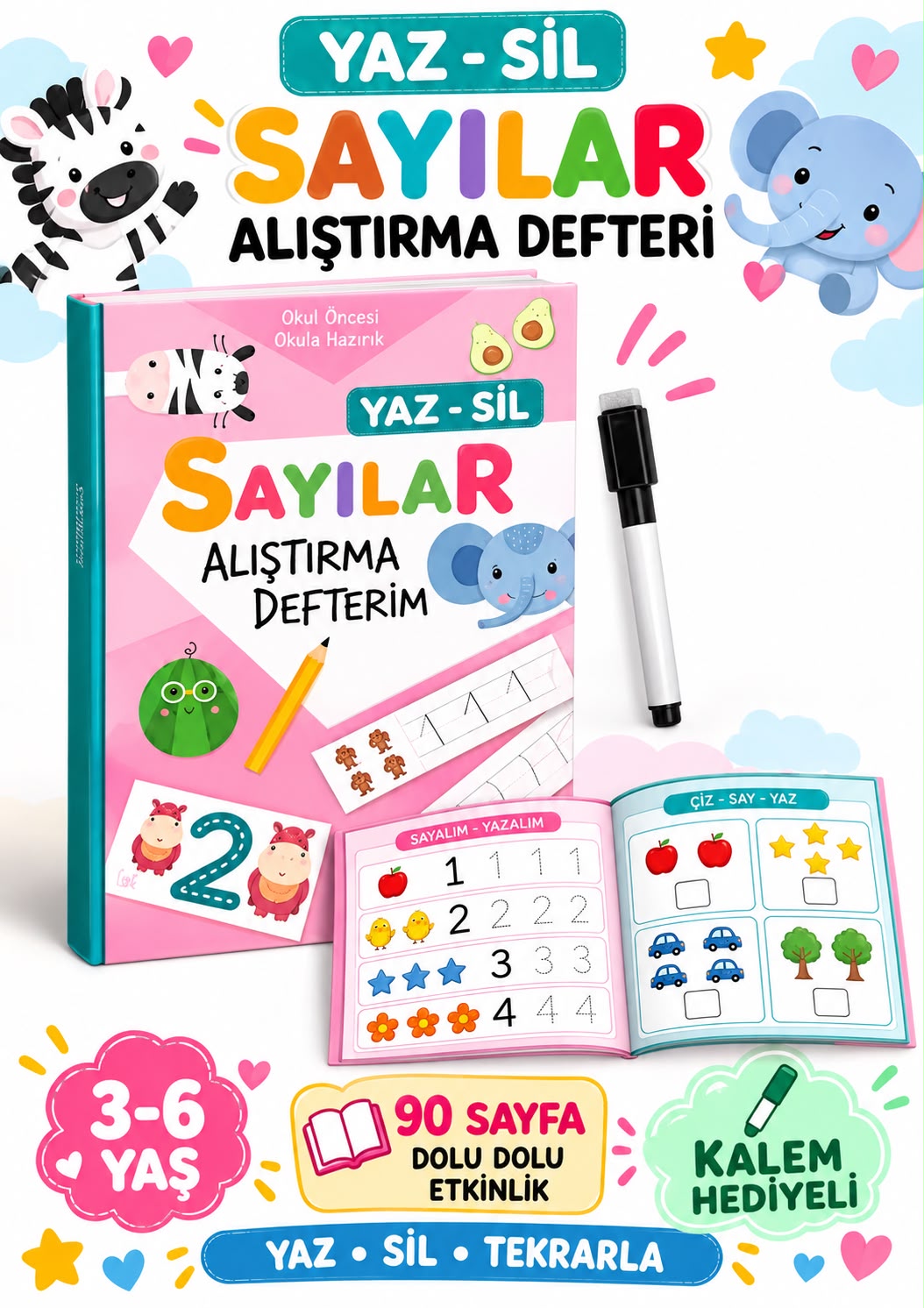 Yaz Sil Sayılar Alıştırma Defteri Okul Öncesi Bitmeyen Yazı Defteri